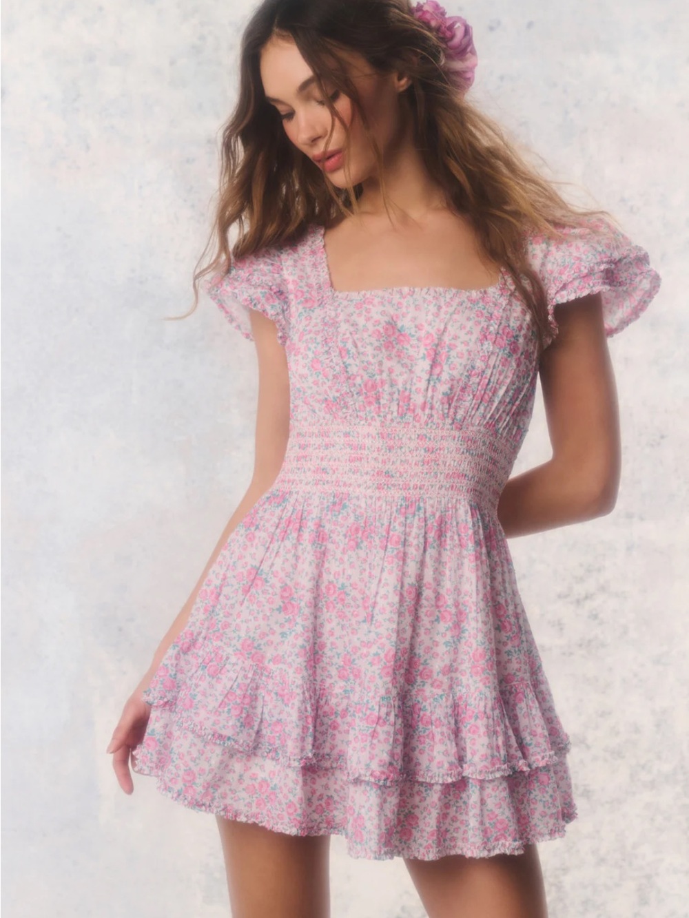 LoveShackFancy Re-Edition Stanton Floral Cotton Mini Dress in Coffee Cake